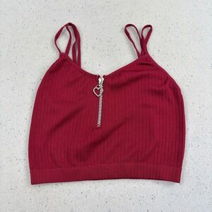 Coquette Womens Crop Top Burgundy Red Heart Zip Ribbed Y2K McBling Aesthetic S